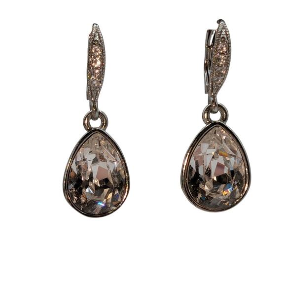 Vintage Signed Givenchy Silver Tone Teardrop CZ Dangle Lever Back Earrings - Picture 5 of 5